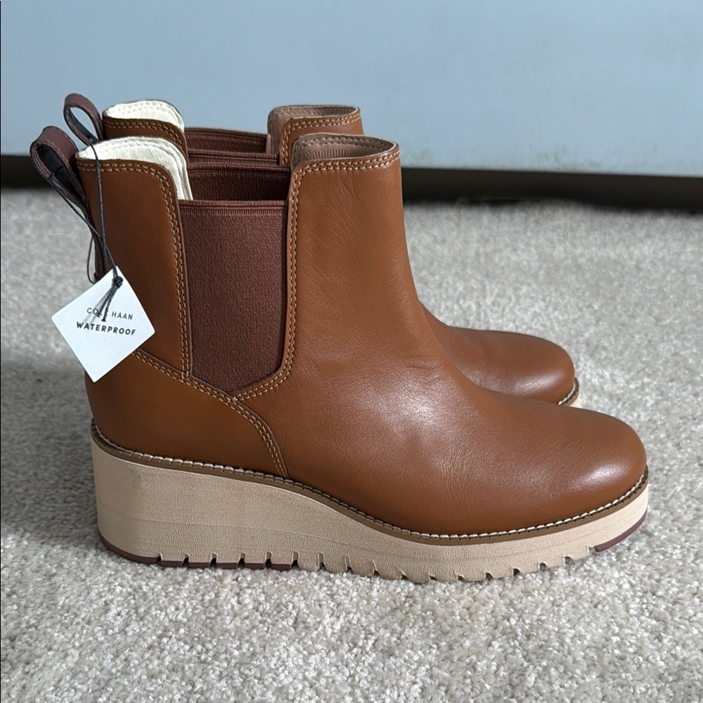 Cole Haan Zerogrand Brown Leather Chelsea Wedge Boots